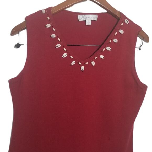 VNTG Dress Barn Red Spun Silk Blend Tank Top Size 10 Seashell Trim Nautical - Picture 8 of 9